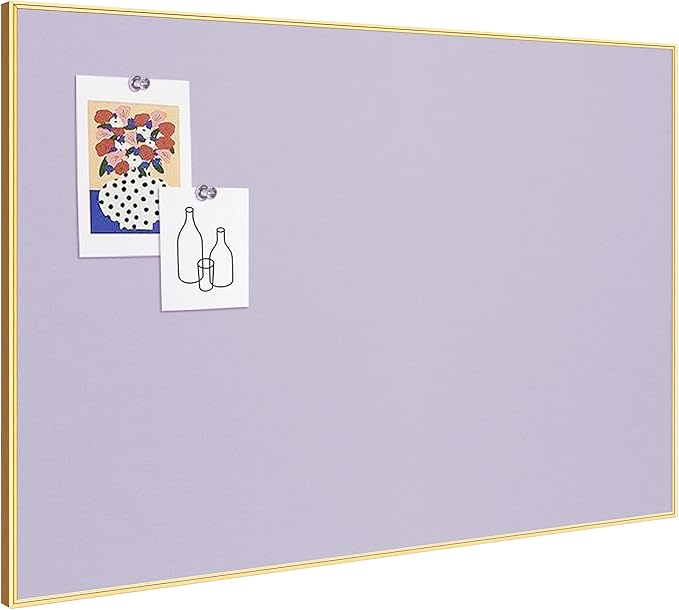 Lightomorrow Bulletin Board 30 x 20 inches, Light Lavender Pin Board, Golden Aluminum Framed Fabric Cork Board with 10 Push Pins