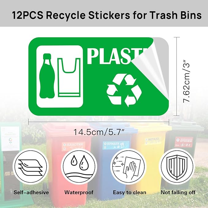 12Pack Recycling Stickers for Trash Cans,Paper Plastic Glass Cans Trash Sorting Stickers for Recycle Bins,Eco-Friendly Trash Can Recycle Signs Indoor & Outdoor Use(3"x5.7")