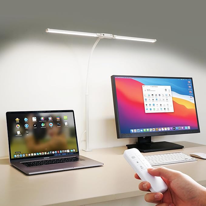 FAPEMIH Dual-Head LED Desk Lamp for Office Home, Adjustable Flexible Eye-Caring Desk Light, 5 Modes 10 Brightness Adjustment, USB Adapter Desk Lamp with Clamp-ST-W