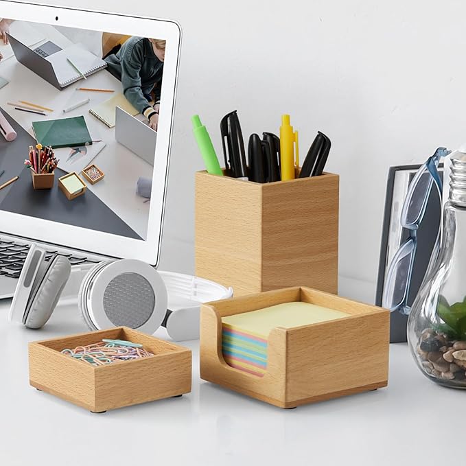 CMLKLZD Desk Organizer Set of 3 - Wood Office Desk Accessories - Desk Organizers and Accessories for Women Men - Set incl. Pencil Pen Holder, Paperclip Storage and Sticky Note Holder