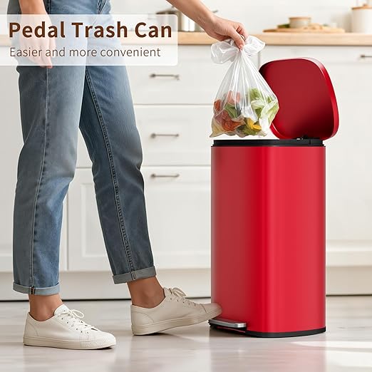PayLessHere Stainless Steel Trash Can with Lid - Removable Inner Bucket, Foot Pedal, Soft Close for Office, Home, Kitchen (Red, 13 G)