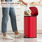 PayLessHere Stainless Steel Trash Can with Lid - Removable Inner Bucket, Foot Pedal, Soft Close for Office, Home, Kitchen (Red, 13 G)