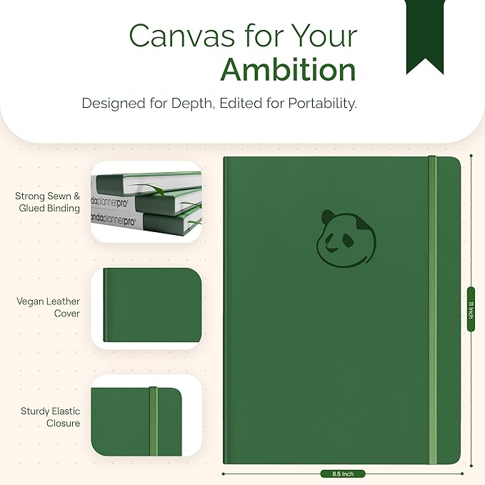 Panda Planner Pro A4 Daily Planner 2026 – 6 Month Undated Daily Productivity Planner with Large 8.5x11 Layouts, Weekly & Monthly Calendar Planner, Goal Tracker, Habit Tracker & Time Management Organizer – Dark Green