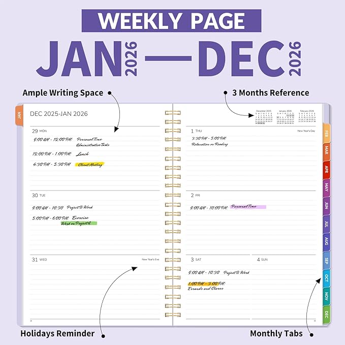 GNL 2026 Planner, Weekly ＆ Monthly Planner 2026, JAN. 2026 – DEC. 2026, 6.4" x 8.3" Monthly Agenda Planner with Tabs, Waterproof Flexible Cover, Spiral Binding, Double-sided Pocket, Bookmark, Purple