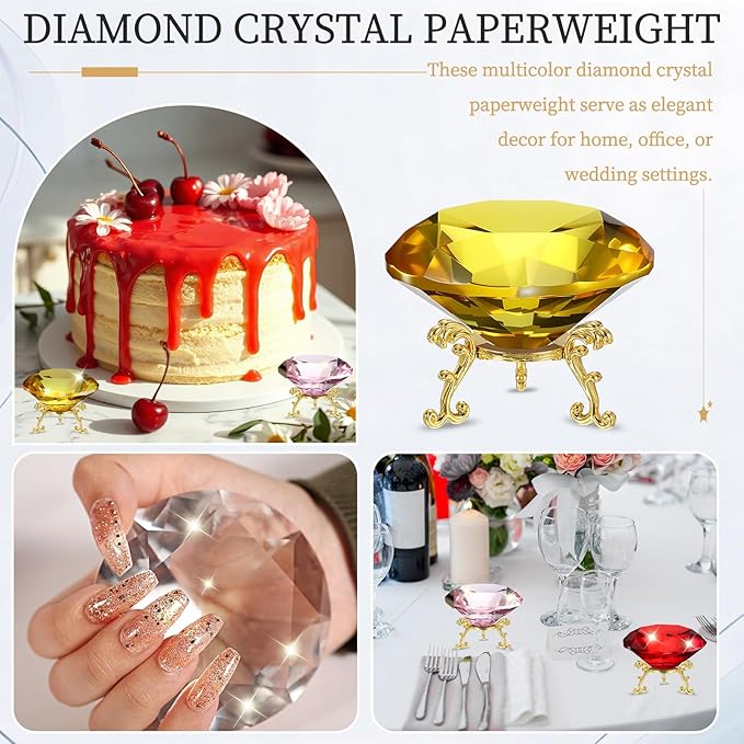 PATIKIL Diamond Crystal Paperweight, 100mm / 3.94" Crystal Paperweight Paper Weight with Gold 25 Metal Base for Home Office Desktop Table Decor Wedding Party Ornaments, Yellow
