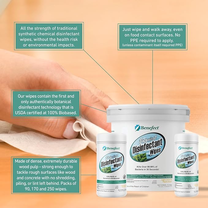 Benefect Botanical Disinfecting Wipes - (170 Wipe Count) Natural, No Residue - Antibacterial Disinfectant, Multi-Surface Cleaning and Sanitizing Wipes
