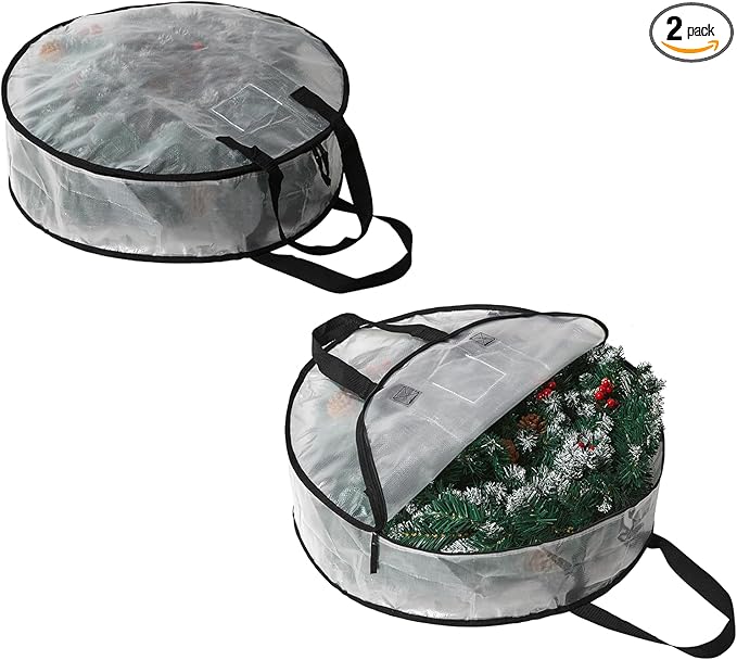 PWRSC 2 Pack Wreath Storage Bag, Summer, Christmas Decoration Garland Container, 24 Inch Clear Door Wreath Organizers, Moving Boxes, Packing Supplies for College