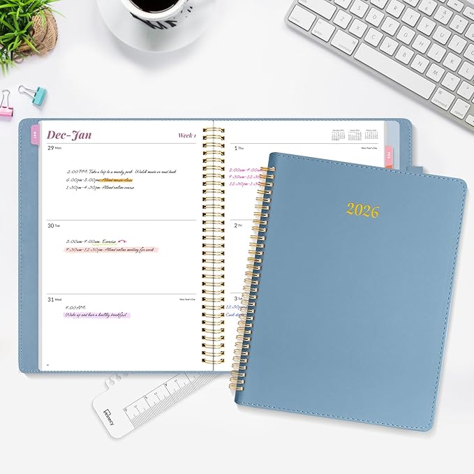 2026 Planner, Annecy Weekly ＆ Monthly Planner 2026, Jan. 2026 – Dec. 2026, 9" x 11" Monthly Agenda Planner with Tabs, Vegan Leather Cover, Spiral Binding, Double-sided Pocket, Bookmark, Grey Blue
