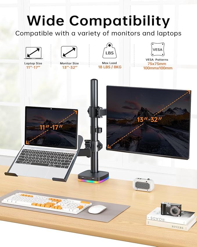 RGB Monitor and Laptop Mount Stand with 3 USB Ports, Charging and USB Data Transfer, Adjustable laptop stand for 13" to 32" Screen and 11"-17” Laptop, Holds 18lbs/Arm, 75x75/100x100 VESA, C-Clamp
