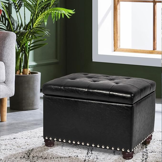 Decent Home 24'' Leather Storage Ottoman Rectangular Foot Rest Stool with Nailhead Trim Chests & Storage Room Organizer for Bedroom Living Room(Black)