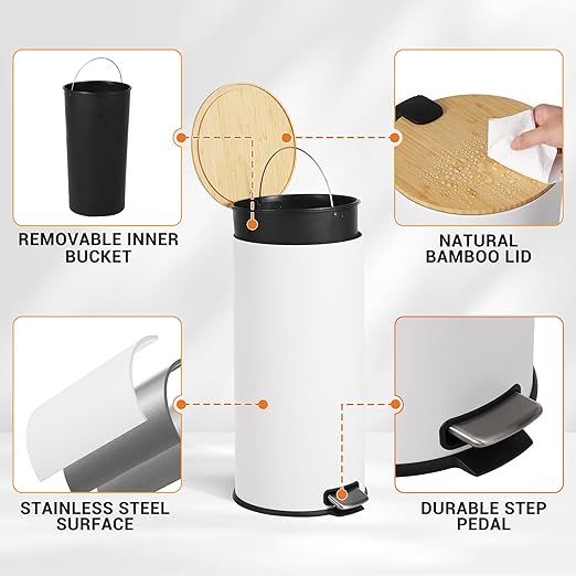 8 Gallon (30L) Step Trash Can with Soft-Close Bamboo Lid – Fingerprint-Resistant Stainless Steel, Removable Inner Bucket, Slim Round Indoor Garbage Bin for Kitchen, Bathroom – White