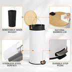 8 Gallon (30L) Step Trash Can with Soft-Close Bamboo Lid – Fingerprint-Resistant Stainless Steel, Removable Inner Bucket, Slim Round Indoor Garbage Bin for Kitchen, Bathroom – White