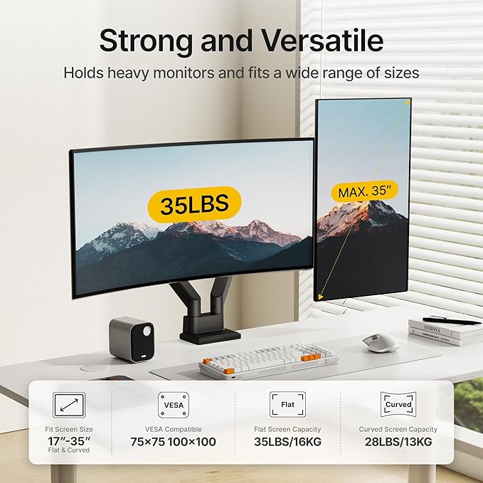 monTEK Dual Monitor Mount Monitor Arms for 2 Monitors for 17 to 35 Inch Curved Screen Holds 35 Lbs Adjustable Heavy Duty Monitor Desk Mount Cable Management, VESA 75/100mm,MA1007BK-D