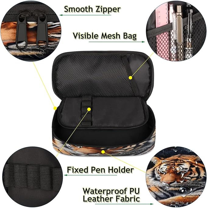 Pardick Pencil Case，3D Tiger Big Capacity Pencil Pouch Coin Pouch Stationery Organizer For Teen School