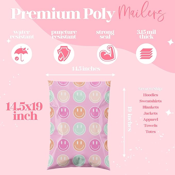 Pretty Package Store 6x9 Designer Poly Mailer 100 Pack Heavy Duty Waterproof Self Seal Shipping Bags for Small Business Large Mailing Envelopes Bulk Tear Resistant Cute Packaging Smiley Face