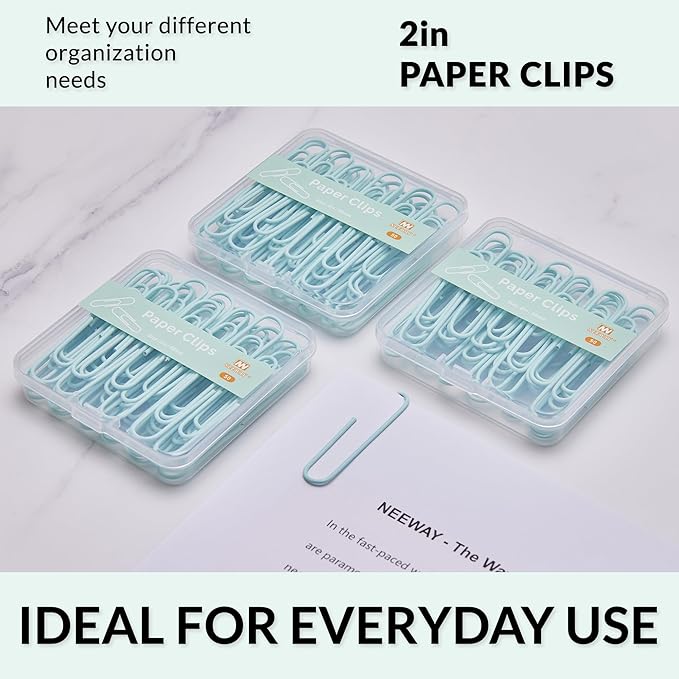NEEWAY Colorful Large Paper Clips, 2 Inch Jumbo Paper Clips, 150 Count, 3 Pack of 50 (Light Green)