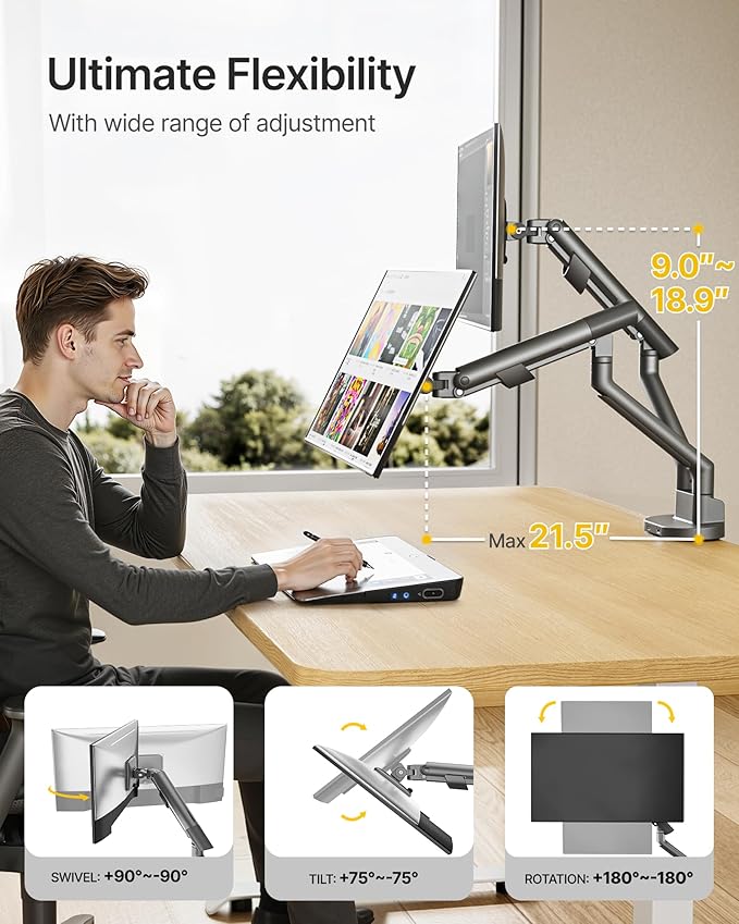 monTEK Dual Monitor Stand Mount with USB for Up to 35" Screens, Each Arm Holds Max 24.25lbs, Full Motion Adjustable Monitor Arm Desk Mount with C-Clamp/Grommet, Space Gray MA1010UCDG-D