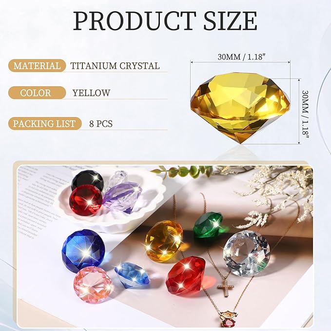 PATIKIL 8 Pcs Diamond Crystal Paperweight, 30mm / 1.18 Inch Crystal Paperweight Paper Weight for Home Office Desktop Table Decor Wedding Party Jewelry Ornaments, Yellow