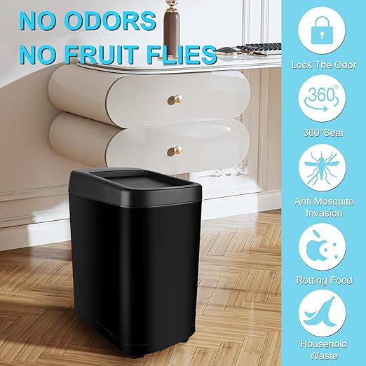 Smartowner 8 Gallon Motion Sensor Trash Can with Roll Lid & Wheels - Automatic Touchless Trashcans for Kitchens, Bedroom, Office Trash Bin (Black)