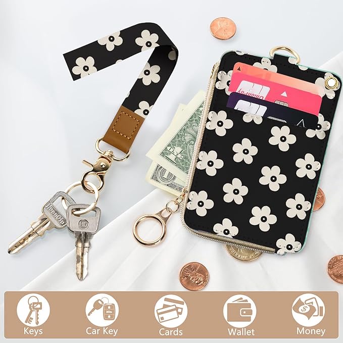 bolimoss Cute Floral Lanyard Wallet and ID Badge Holder with Zipper Pocket Breakaway Phone Wrist Lanyard, RFID Pu Leather Credit Card Holder
