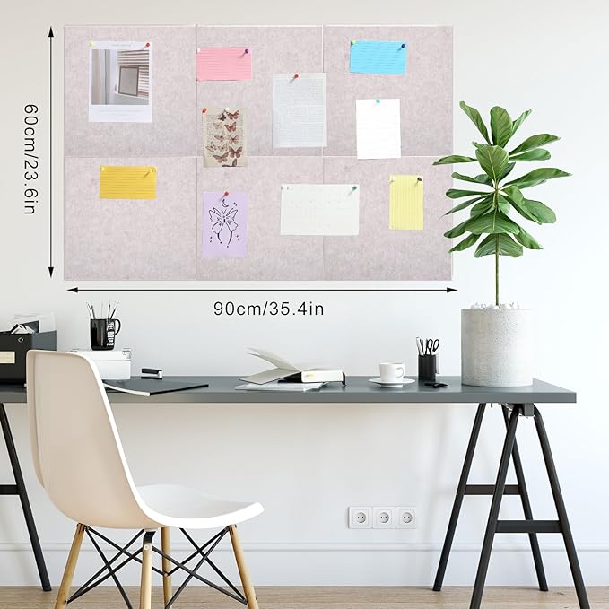 Thboxes Large Cork Board 36" x 24", 6 Pack Felt Wall Tiles with Colored Pushpins, Bulletin Board with Removable Self-Adhesive Strips, Pin Boards Cork Boards for Walls Office Home-Light Tan