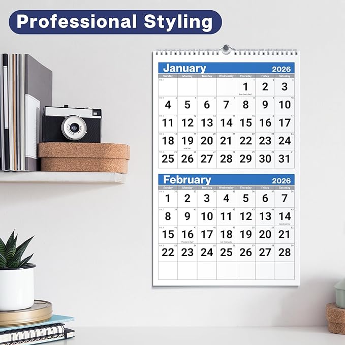 Dunwell 2026 2-Month Wall Calendar, Blue, Monthly Hanging Calendar with Large Bold Numbers, Easy to Read, Jan–Dec 2026, 11x17 Open, Ships Folded