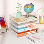 StorBin 4 Trays Paper Organizer Letter Tray, Acrylic Stackable Desk File Organizer, Clear Office Desk Organizer for File Paper, Ipad, Letter, A4 Office File, Books, Notes