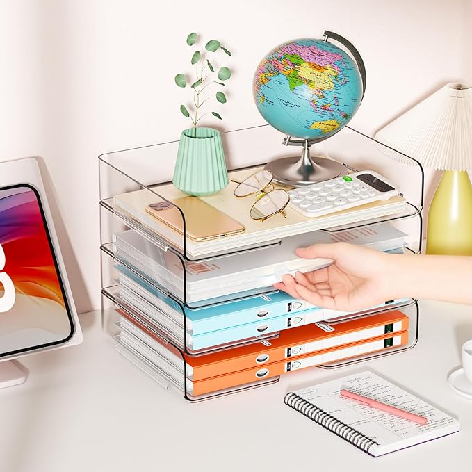StorBin 4 Trays Paper Organizer Letter Tray, Acrylic Stackable Desk File Organizer, Clear Office Desk Organizer for File Paper, Ipad, Letter, A4 Office File, Books, Notes