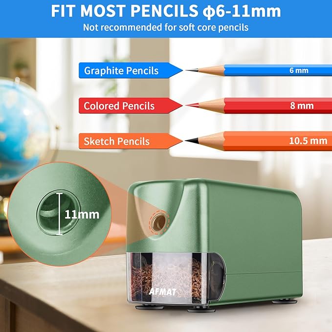 AFMAT Heavy Duty Electric Pencil Sharpener, Auto Stop Classroom Pencil Sharpeners for 6-11mm No.2/Colored Pencils, Standard/Large Pencils, Fast Sharpen in 3s, Sharp Point, Teachers Must Haves PSX3
