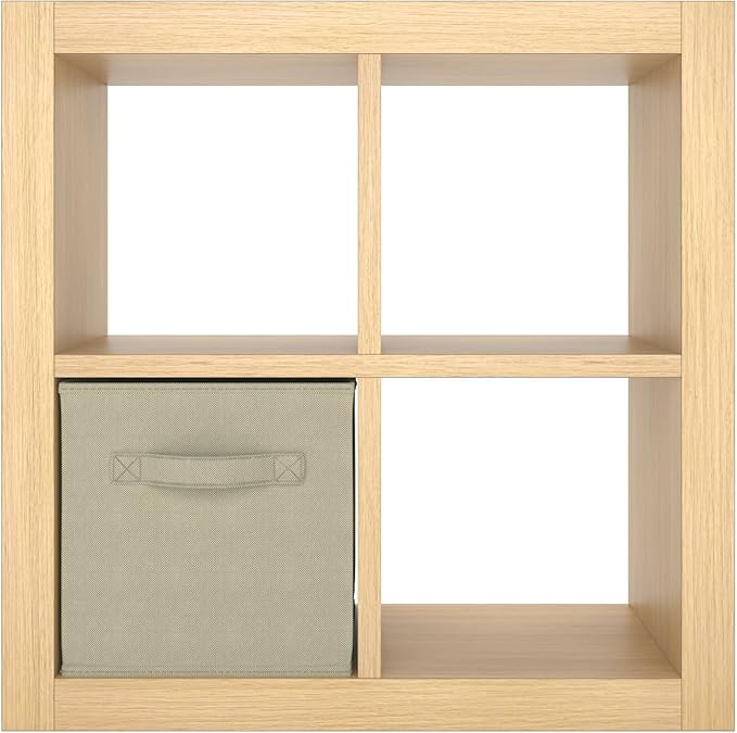 furtble Bookshelf with Storage Bin, 4-Cube Storage Organizer, Modern Wood Open Bookcase, Multifunctional Display Shelf for Living Room, Bedroom, Home Office, Oak