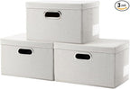PRANDOM Storage Bins with Lids [3-Pack] Linen Fabric Foldable Storage Boxes Organizer Containers Baskets Cube with Cover for Bedroom Closet Office Beige（11.4X8.6X6.7