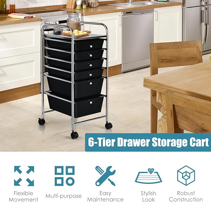 RELAX4LIFE 6-Drawer Rolling Storage Cart - Classroom Organization on Wheels w/Removable Plastic Drawers, Mobile Art Craft Cart for School Paper Home Office, Utility Cart with Drawers (Black)