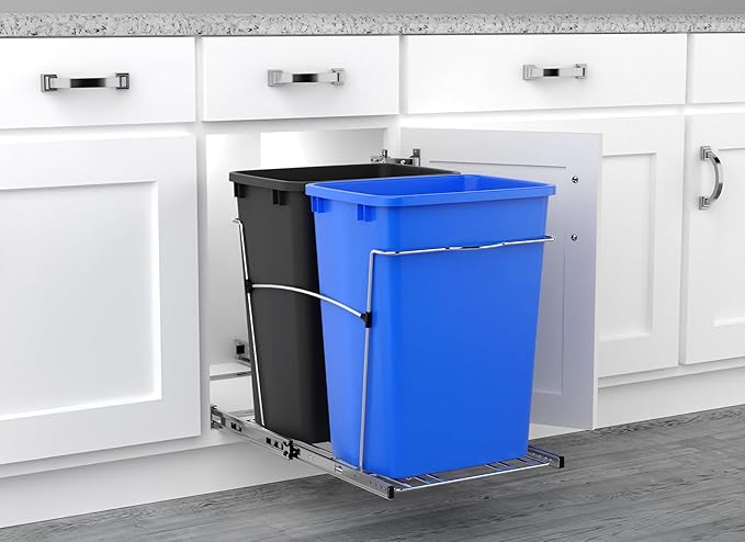 Rev-A-Shelf RV-18KD-2218C-S Double Pullout Trash Cans for Kitchen Cabinets 35 Quart Garbage Recycling Bin on Full Slides, Blue/Black