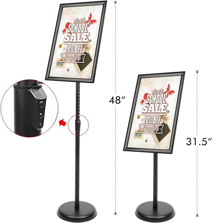 DISPLAYSWORKER Adjustable Poster Sign Stand 11 x 17,Floor-Standing Sign Holder with Heavy Duty Pedestal,Aluminum Snap-Open Frame , Vertical and Horizontal View Sign Displayed, Black (11 x 17)