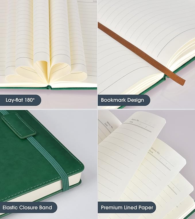 Biuwory Lined Journal Notebook for Women Men,256 Pages A5 Hardcover Leather Journals for Writing,Travel,Business,Work & School,College Ruled Notebooks for Note Taking,Diary Notepad 5.7"×8.3"(green)