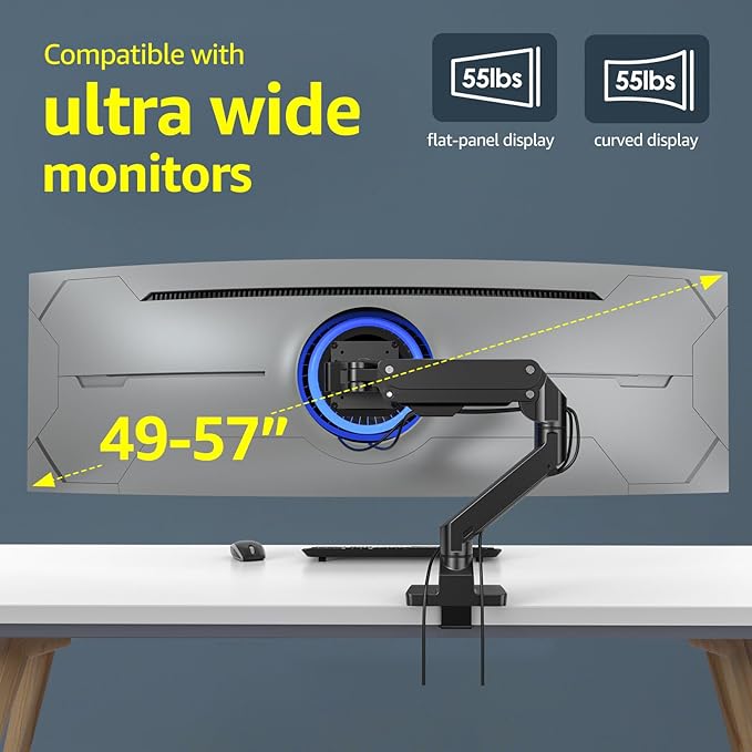Heavy Duty Monitor Arm Aluminum Single Gas Spring Monitor Arm Suit for Flat/Ultrawide/Cruved Screen 34-49 inch and New 57 inches Screen Weight Capacity up to 44lbs，Black