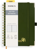 POPRUN Spiral Dotted Journal Notebook, [A5-5.75'' x 8.25''] - 120 GSM Thick Paper, 141 Numbered Pages, Hardcover for Men & Women with Pocket, Index Tabs, 8 Perforated Sheets, Olive