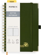 POPRUN Spiral Dotted Journal Notebook, [A5-5.75'' x 8.25''] - 120 GSM Thick Paper, 141 Numbered Pages, Hardcover for Men & Women with Pocket, Index Tabs, 8 Perforated Sheets, Olive