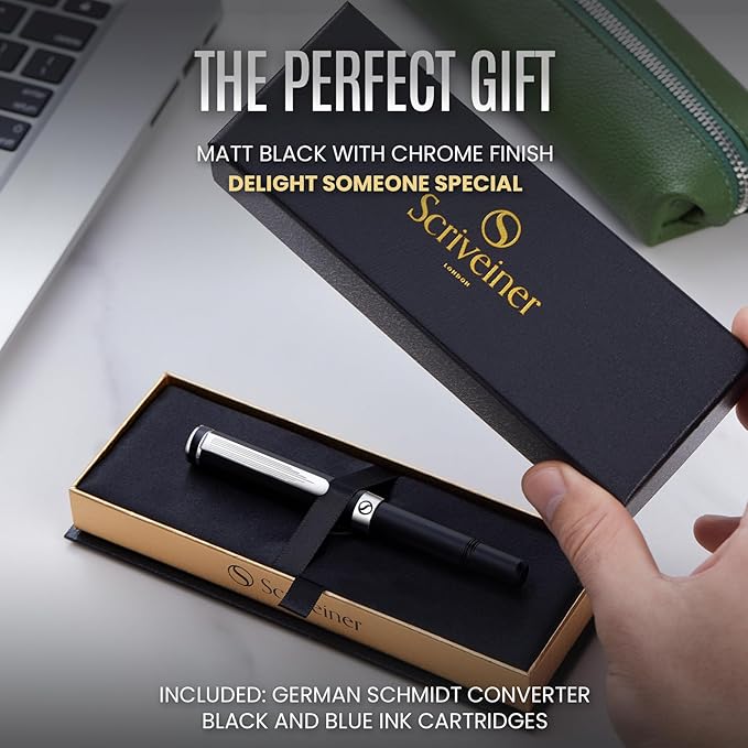 Scriveiner Luxury Fountain Pen - Medium Matt Black With Chrome Finish, Schmidt German Nib, Converter - Best Writing Gift Set for Men & Women - Fancy Office Designer EDC Pocket Pen