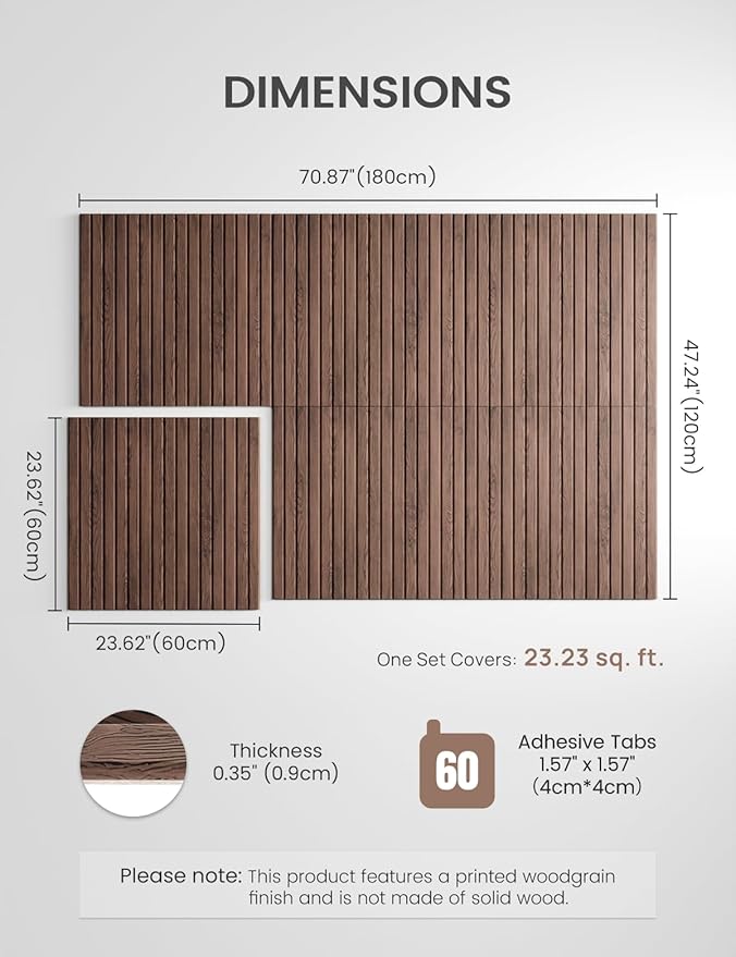 Fluxynara Large Felt Bulletin Board,Cork Board Alternative 70.87'' x 47.24'' Art Acoustical Wall Panels-6 Pack with 60 Adhesive Tabs,for Recording Studio/Home Offices-Walnut/Slat
