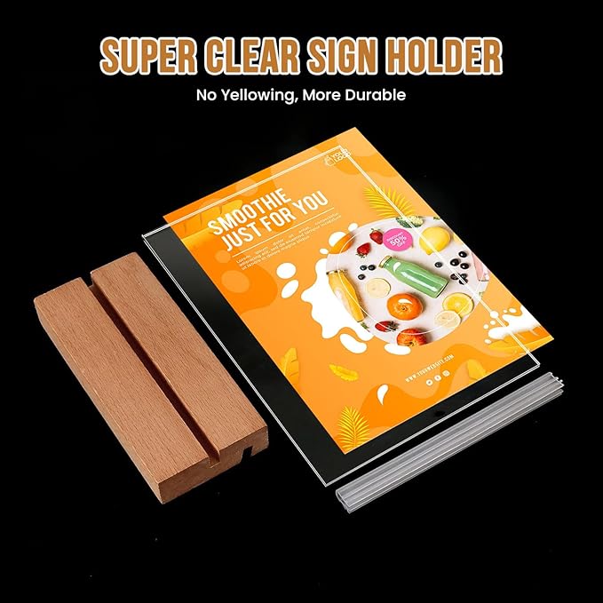 EthPul 16 Pack 5x7 Acrylic Sign Holder with Wood Base Vertical and Slant Displays, Clear Plastic Flyer Display Stand, Paper photo Table Menu Sign Frame Suitable for Restaurants, Office, Store, Hotels