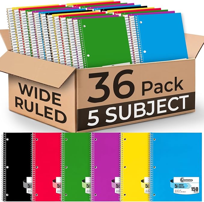 Rosmonde 5 Subject Spiral Notebooks Bulk, 36 Pack, Wide Ruled, 150 Sheets(300 Pages), 8 x 10-1/2", 3 Hole Punched, Bulk Subject Notebooks for Schools, Sturdy Spiral Bound Notebooks, Assorted Colors