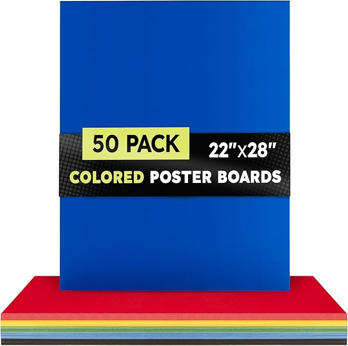 Hygloss Large Colored Poster Board 22x28 - 50 Assorted Standard Color Poster Boards Bulk Pack - Red, Yellow, Green, Blue, Black - 10 Pt. Thickness Poster Board Paper - Posterboard Multipack 22" x 28"