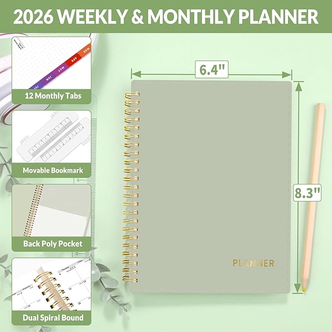 SUNEE 2026 Weekly and Monthly Planner - from January 2026 - December 2026, Daily Agenda Planner with Monthly Tab, Flexible Cover, Note Pages, Pockets, Bookmark, Spiral Binding, Sage Green, 6.4" x 8.3"
