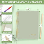 SUNEE 2026 Weekly and Monthly Planner - from January 2026 - December 2026, Daily Agenda Planner with Monthly Tab, Flexible Cover, Note Pages, Pockets, Bookmark, Spiral Binding, Sage Green, 6.4" x 8.3"