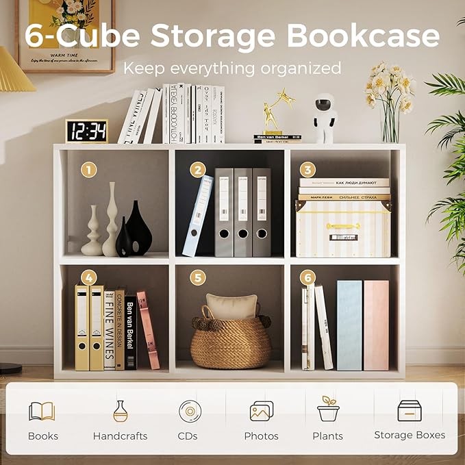 COMHOMA 6 Wood Cube Storage Organizer with Open Back and Removable Back Panels, 11In White Cube Storage Bookshelf, Cubicle Shelf Bookcase for Home Office Bedroom Living Room, Vertical or Horizontal