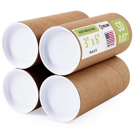3" x 6" Reinforced Kraft Paper Mailing Tubes, Pack of 4 Tubes with 2 Caps Each – USPS Approved Poster Tube – Made in USA Cardboard Tube for Shipping and Storing Posters, Prints, Artwork, or Documents