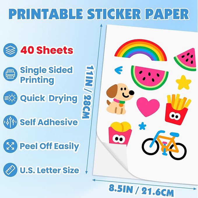 40 Sheets Glossy Sticker Paper, 8.5in x 11in Sticker Paper for Inkjet Printer, Self-adhesive Printable Sticker Papers, Vibrant Colors, Dries Quickly, US Letter Size