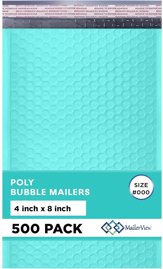 MAILERVIEW Teal Small Bubble Mailers 4x8 Inch #000 | Thick Padded Poly Bubble Mailer Envelopes | 500 Pack Bulk | Trading Card Sports Card Shipping
