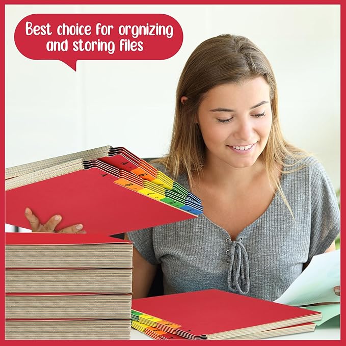 Noveread 1 Set 25 Alphabet File Dividers A-Z Tab Letter Size 1/5 Cut Tab Positions Alphabetical Number File Folder Organizer Guides Cabinet and Desk Dividers for School Office (Rainbow Colors)